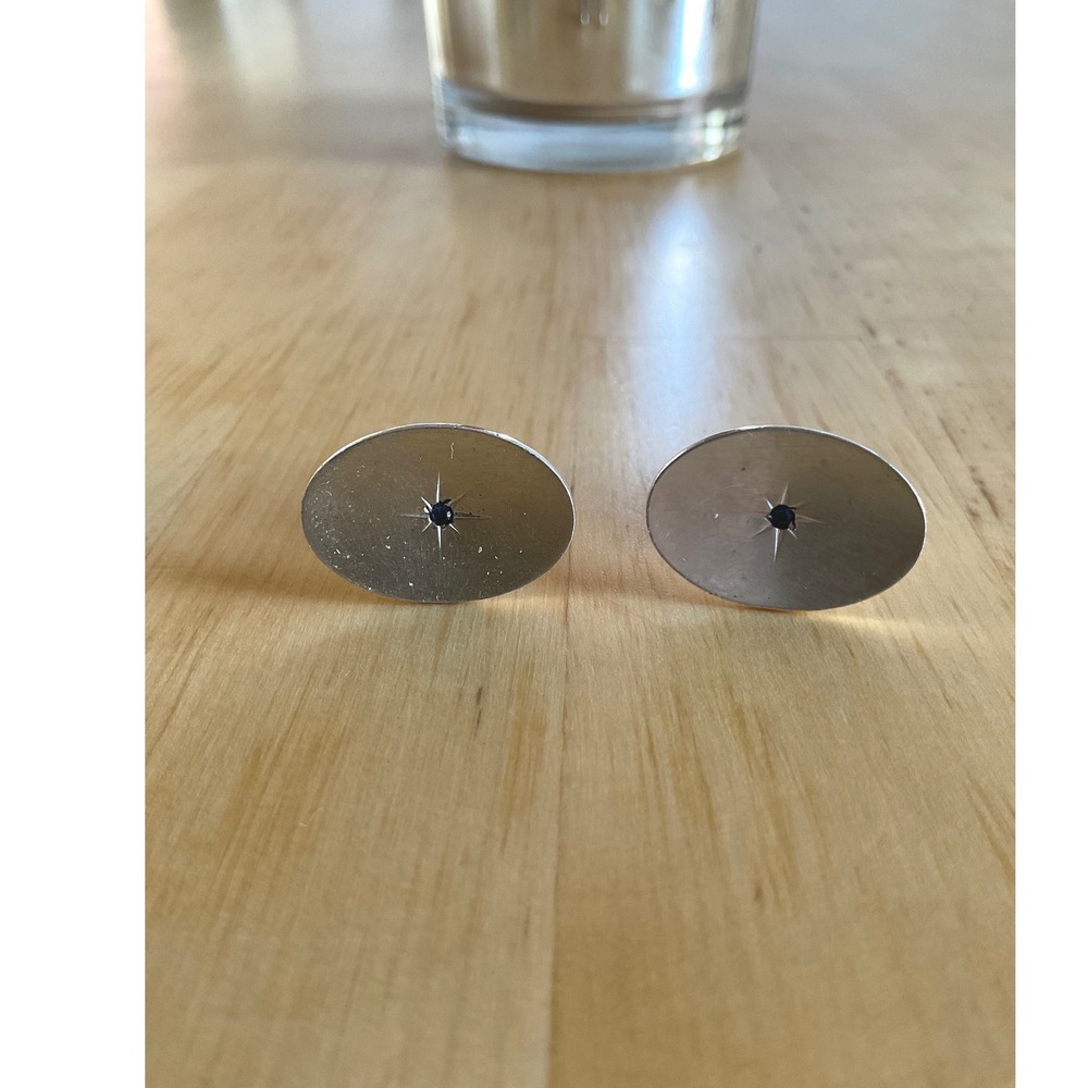 Vintage Silver Tone Oval Starburst Cufflinks with Blue Stone Accents Mens